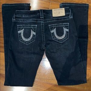 TRUE RELIGION STUDDED BOOTCUT DENIM JEANS IN DISTRESSED BLACK! SIZE 24!